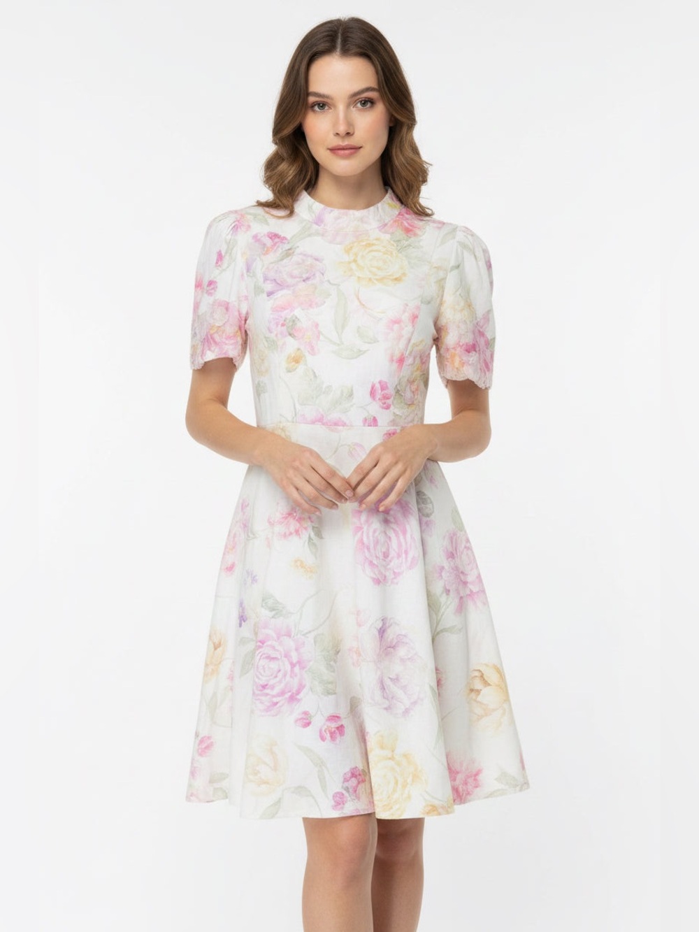 ANTONIO MELANI Pastel Pink and Cream Floral Fit-and-Flare Mini Dress